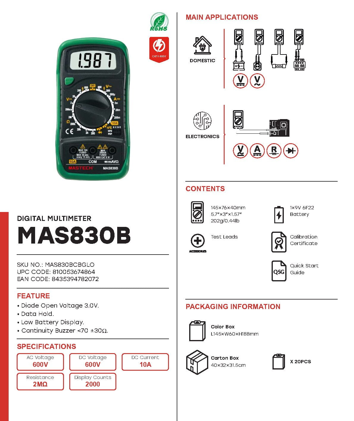 MASTECH MAS830B Digital Multimeter Display 2000 counts;Continuity Buzzer Less than 70 ±30ΩLow Battery Display(MAS830B)