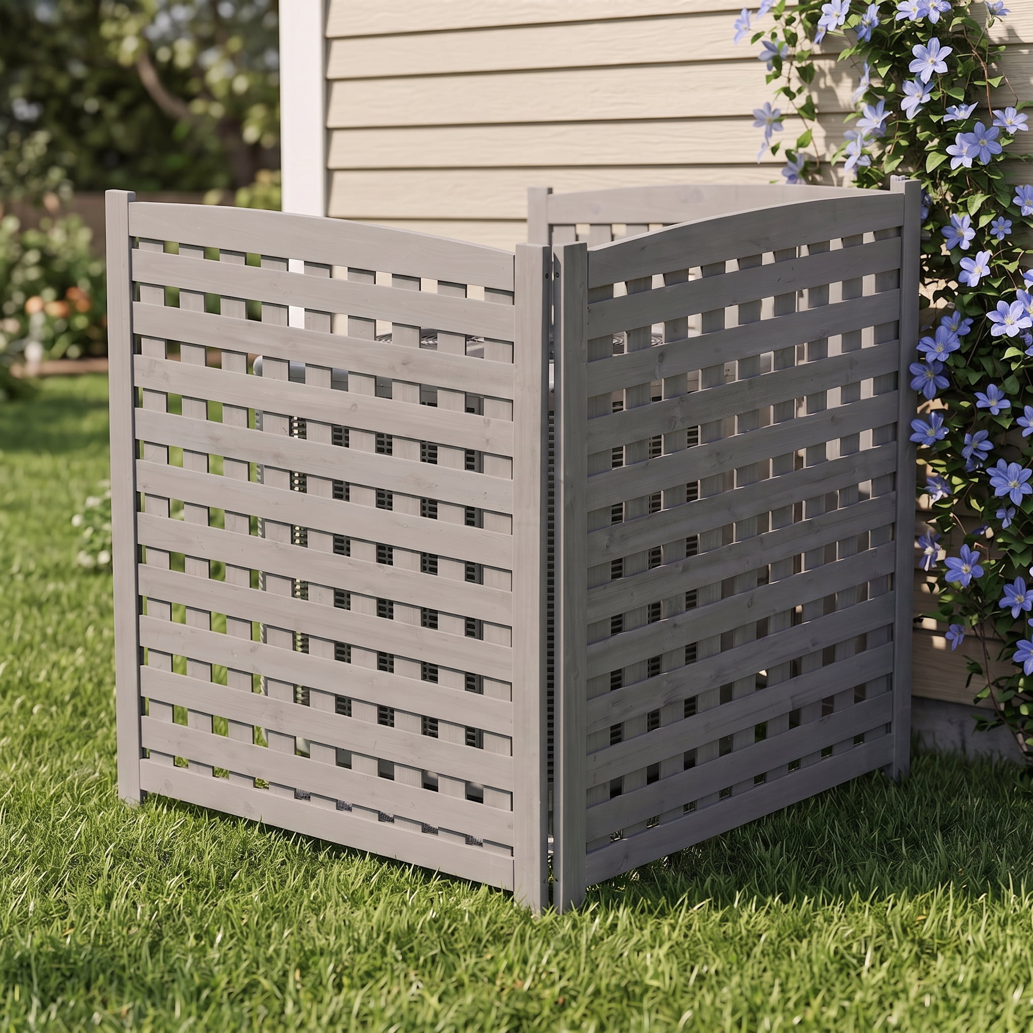 Outdoor Wood Privacy Fence 3-Panel 32W x 38H, Solid Wood Air Conditioner Screen with Slat Spacing for AC Unit Trash Can Pool Pump Enclosure, Gray