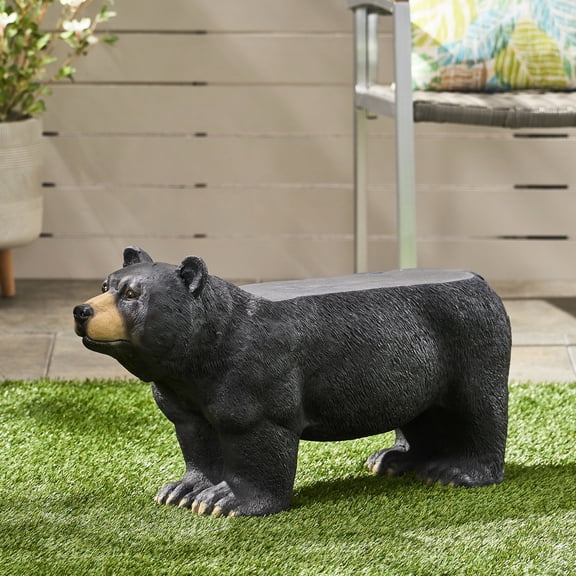 Lightweight Concrete Bear Bench In Matte Black For Outdoors - No Assembly, 31.78" W X 10.95" D 16.95" H Outdoor Seating With Image