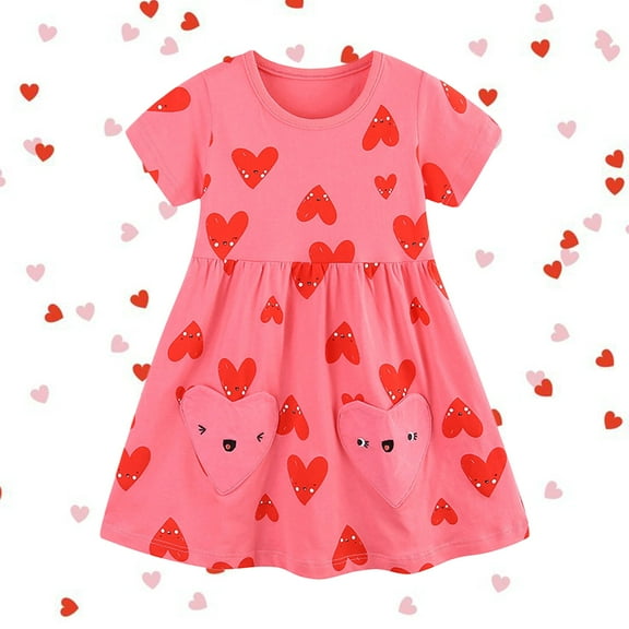 JUoaLXG Baby Girls Casual Dresses Valentine'S Day Heart Print Crew Neck Short Sleeve Stylish Dress Holiday Wear,Pink,1-2 Years