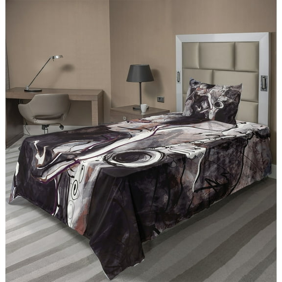 Music Sheet Set, Illustration of Jazz Man Playing the Saxophone with Dancers Classic Design, Fitted and Flat Sheet with Pillowcase Bedding Accent 3 Piece Set, Twin, Pink Black White, by Ambesonne