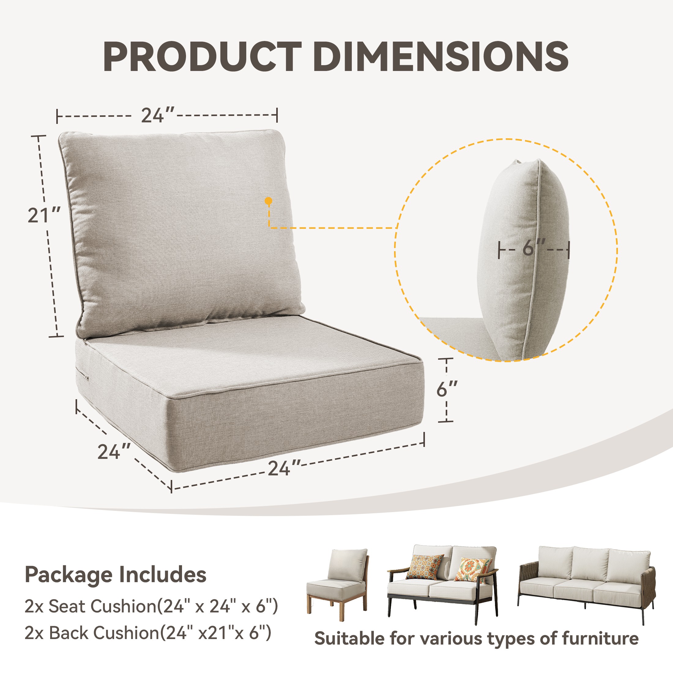Unnifurnzi Outdoor Chair Cushions Set of 2-24 x 24 x 6 Inch Patio Furniture Cushions with Water Resistant & Removable Cover Patio Cushions for Outdoor Furniture Chair Sofa Couch-Beige