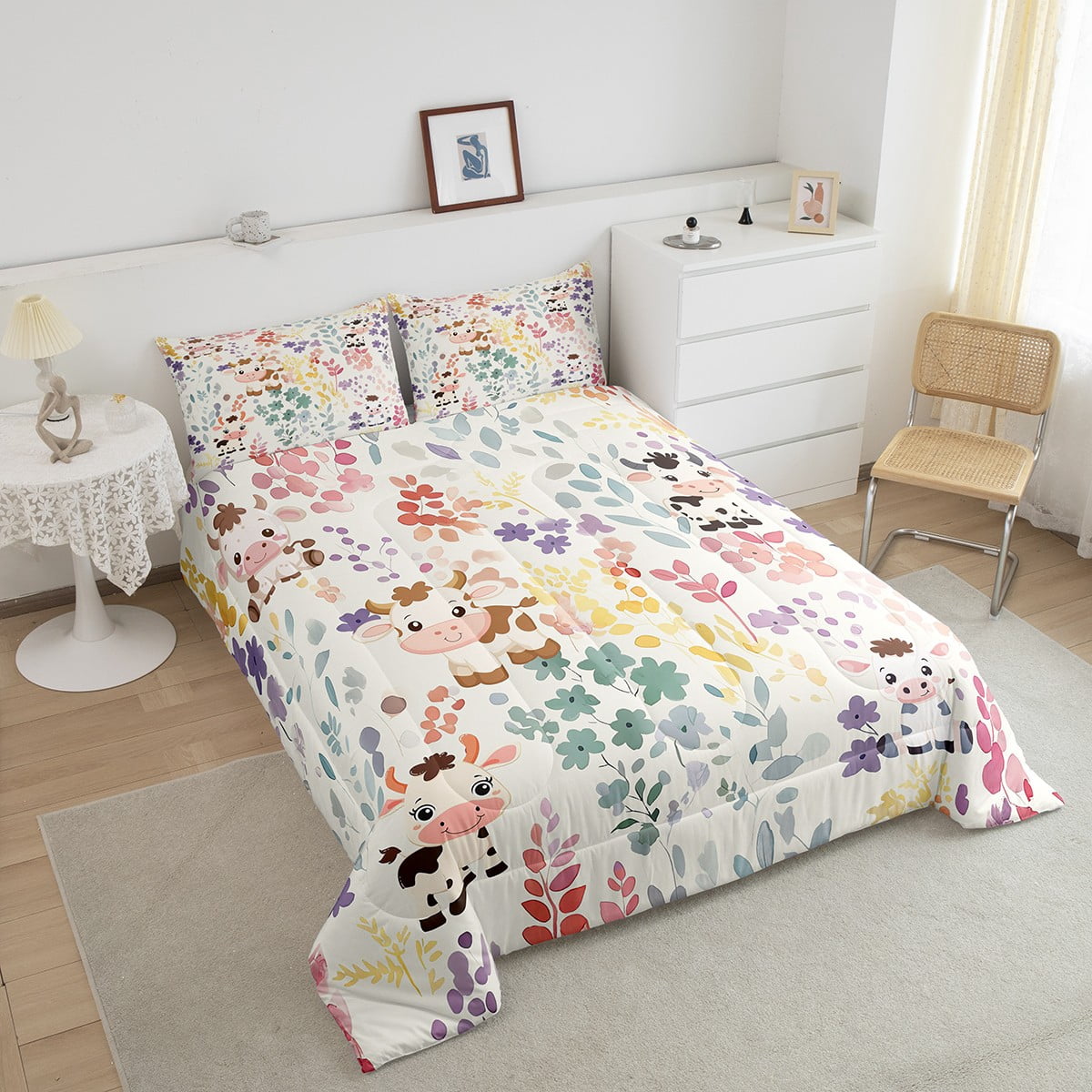 Kawaii Milk Cow Bedding Set Twin Size,Farmhouse Cow Cattle Flower Comforter Set,Cute Colorful Floral Quilt Bed Set Farm Animal Down Comforter with 1 Pillowcase
