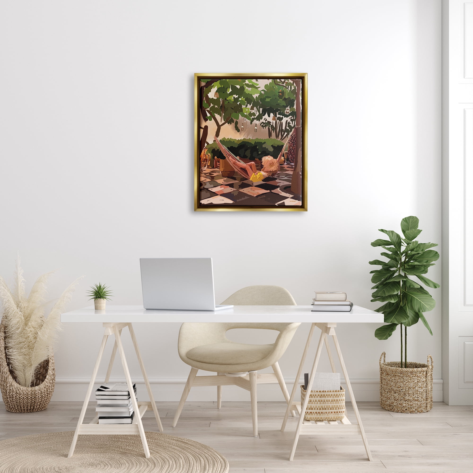 Stupell Industries Woman Lounging Hammock Tropical Summer Vacation Scenery Graphic Art Metallic Gold Floating Framed Canvas Print Wall Art, Design by Amelia Noyes