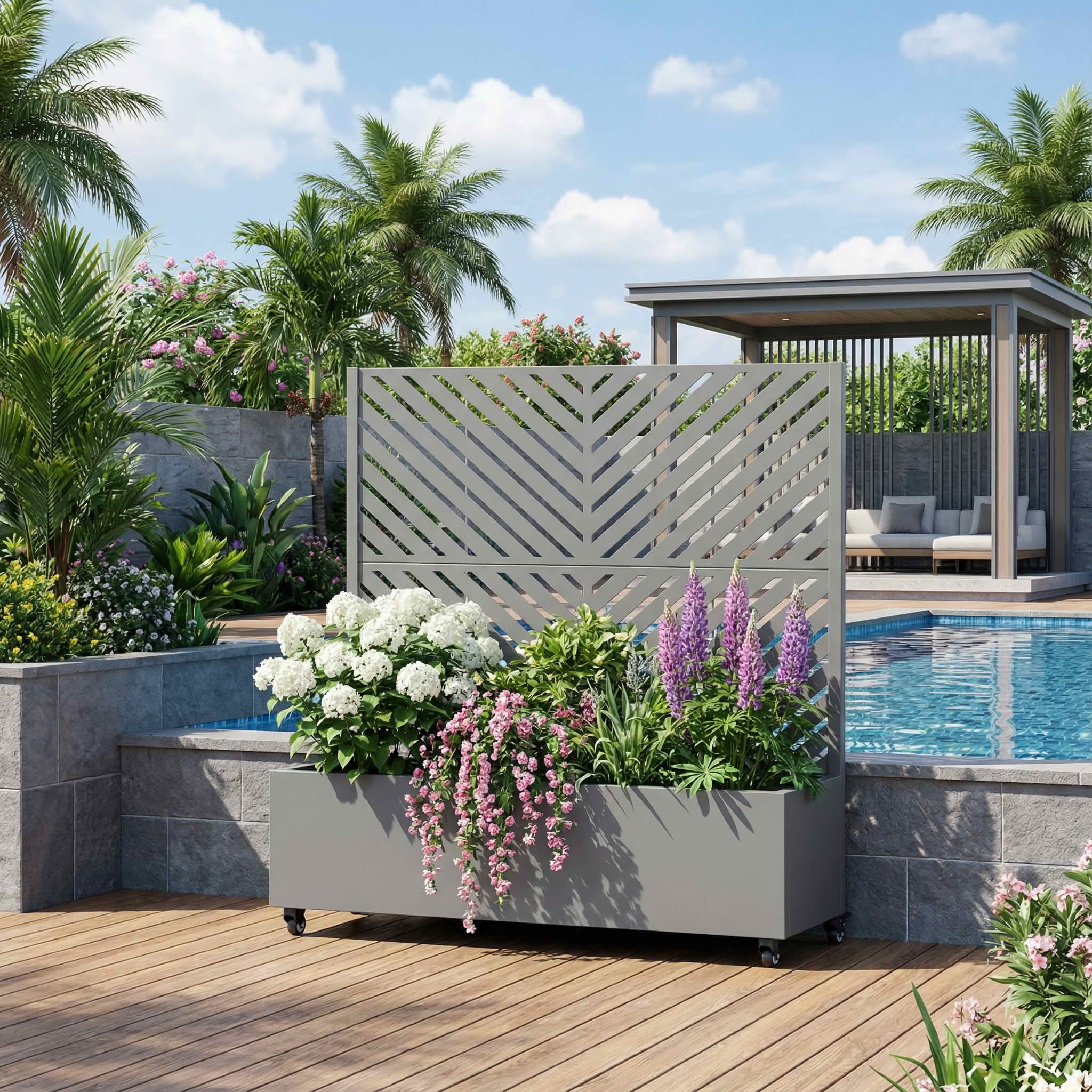MAYEERTY 47X47" Metal Outdoor Gray Privacy Screen with Planter Box for Backyard & Garden, 2 Piece Set