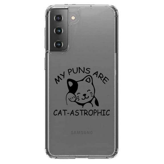 DistinctInk Clear Shockproof Hybrid Case for Galaxy S21  PLUS 5G (6.7" Screen) - TPU Bumper Acrylic Back Tempered Glass Screen Protector - My Puns Are Cat-Astrophic