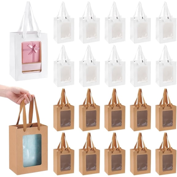 20Pcs 2 Colors Kraft Paper Gift Bags with Clear Window 7.87x5.91x4.06inch Paper Gift Tote Bags with Handles for DIY Birthday Bridal Shower Festival Party