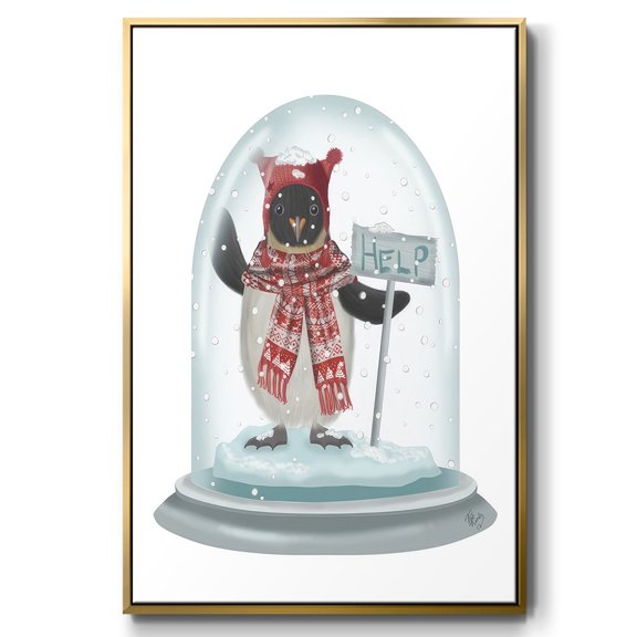 Christmas Penguin Snow Globe - Framed Gallery Wrapped Holiday Canvas - 17 x 25 - Gold Frame