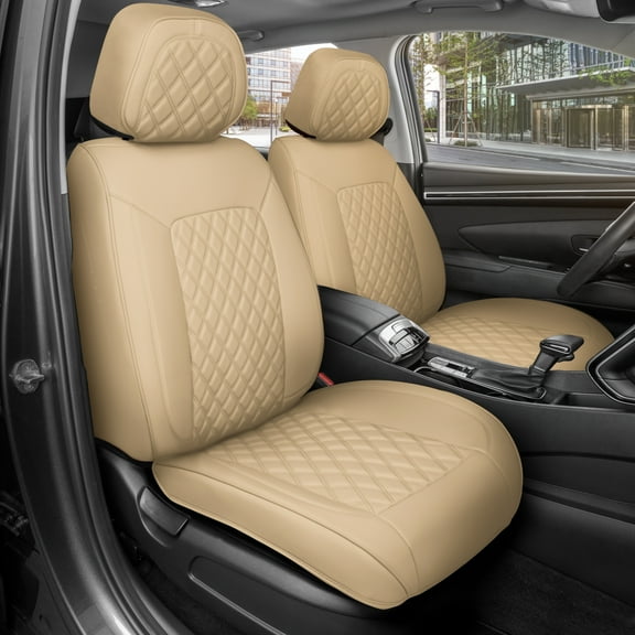MotorBox Prestige Edition Faux Leather Seat Covers for Cars, Trucks, & SUV – 2 Beige Car Seat Covers for Front Seats - Universal Fit Car Accessories Automotive Interior Protector for Most Vehicles