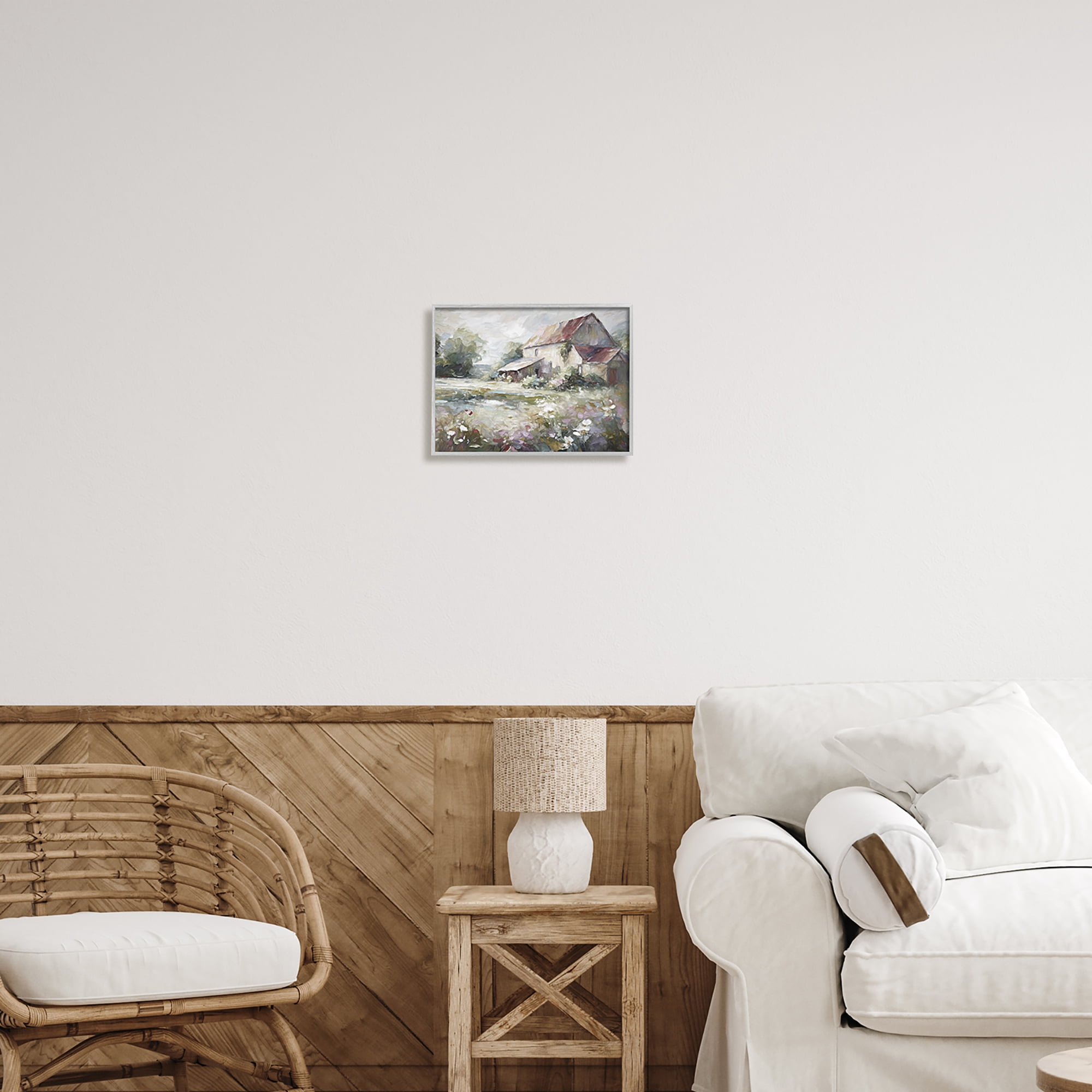 Stupell Industries Muted Cottage Meadow Landscape Painting Gray Framed Art Print Wall Art, 14 x 11