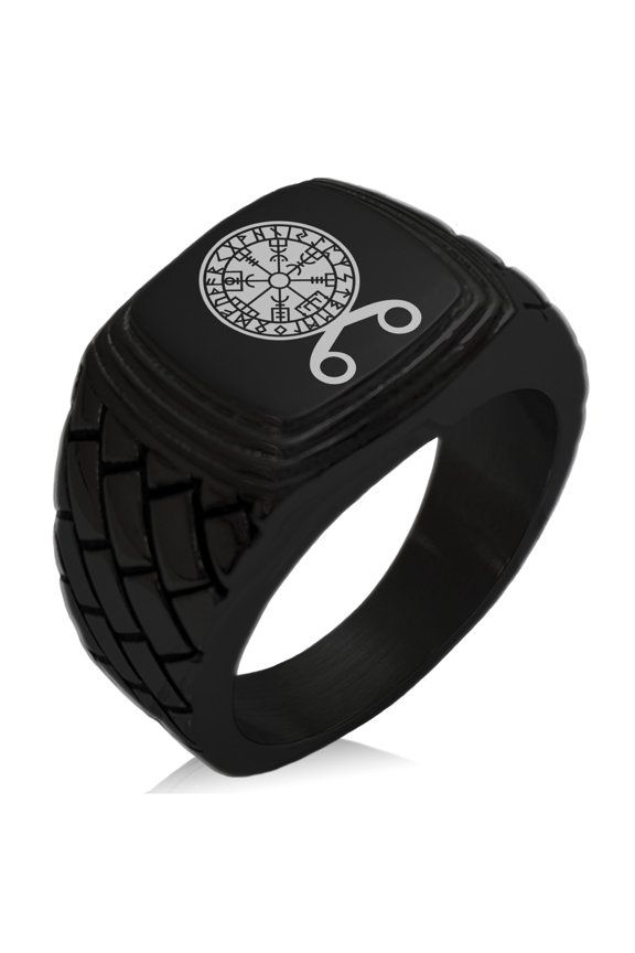 Stainless Steel Binding Vegvisir Troll Cross Runic Viking Geometric Pattern Step-Down Biker Style Polished Ring
