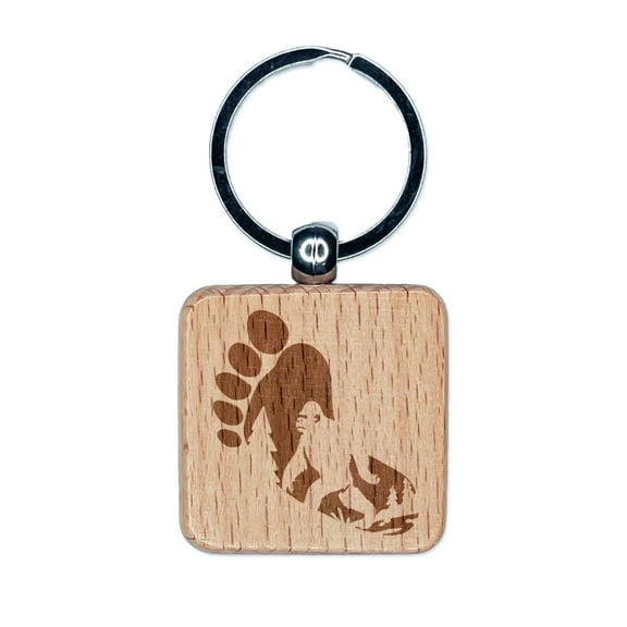 Bigfoot Sasquatch Silhouette in Footprint Square Keychain Charm Tag - Engraved Wood