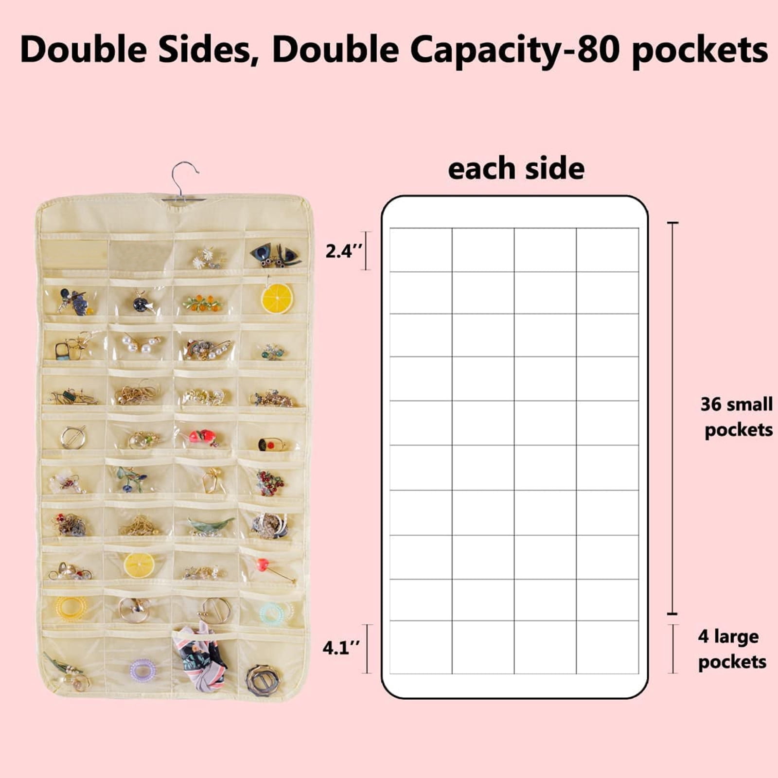 80 Pockets Hanging Jewelry Organizer for Earrings and Accessories with Steel Hanger in Beige for Closet and Wall Display