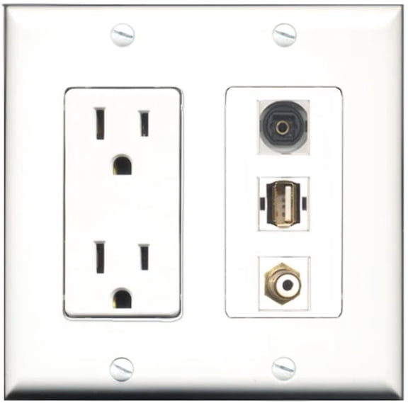 RiteAV - 15 Amp Power Outlet 1 Port RCA White 1 Port USB A-A 1 Port Toslink Decorative Wall Plate