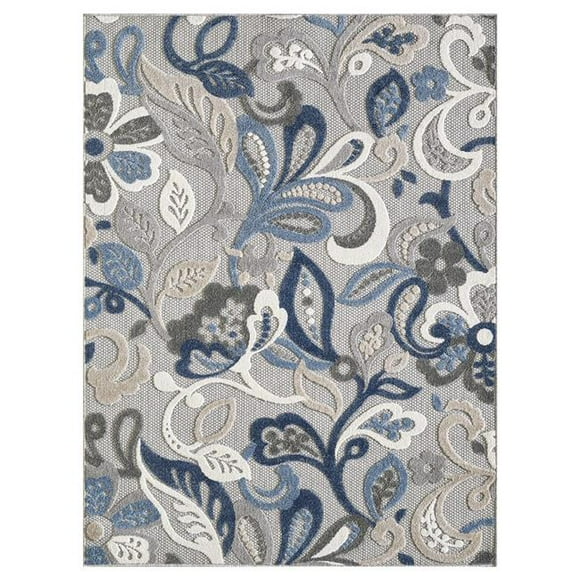 HomeRoots 473675 8 x 8 ft. Round Jacobean Floral Indoor Outdoor Area Rug, Blue & Grey