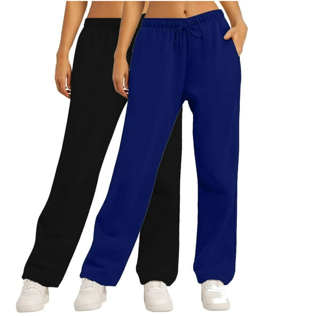 FAIWAD 2pc Straight Leg Sweatpants for Women Solid Color Elastic Waist Loose Jogger Pants with Drawstring