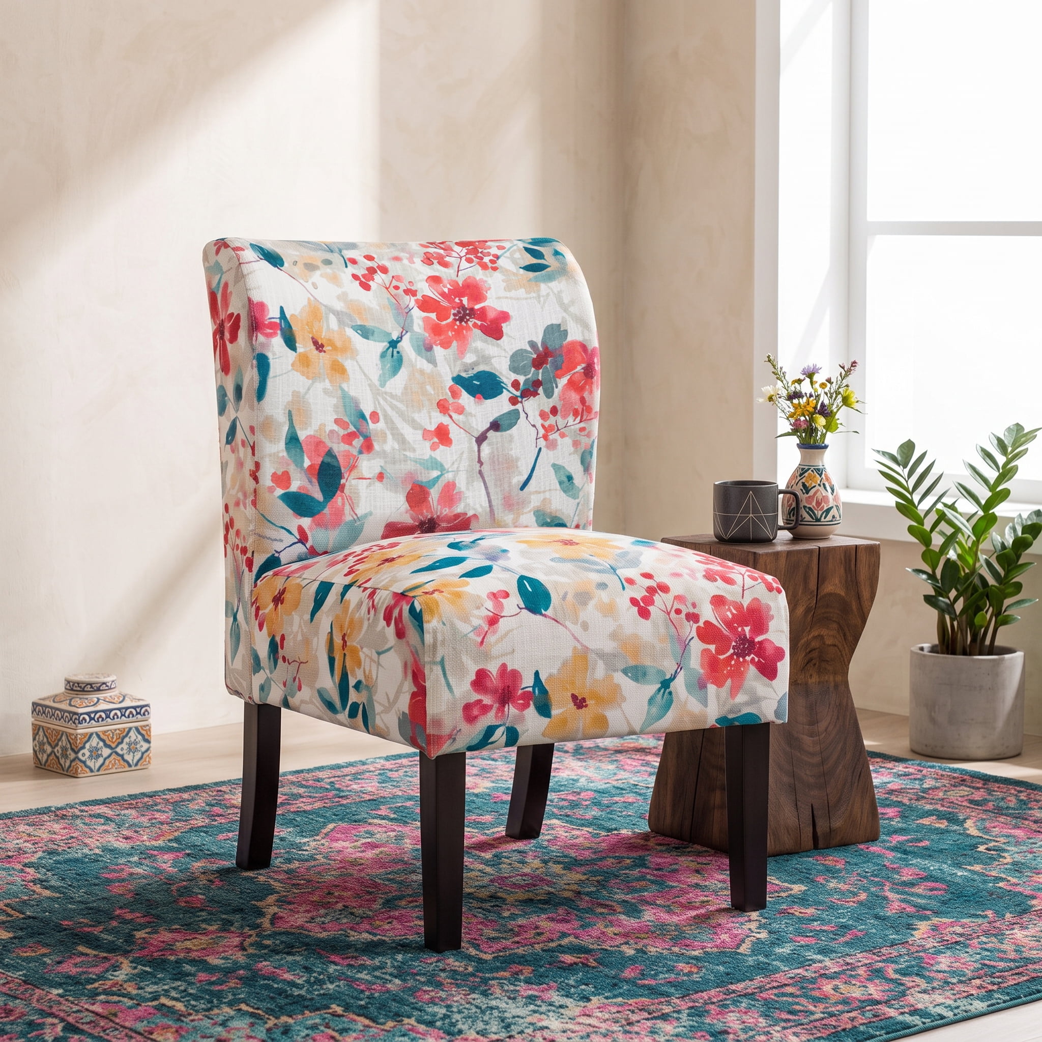 Roundhill Furniture Capa Print Fabric Armless Contemporary Accent Chair, Vibrant Floral