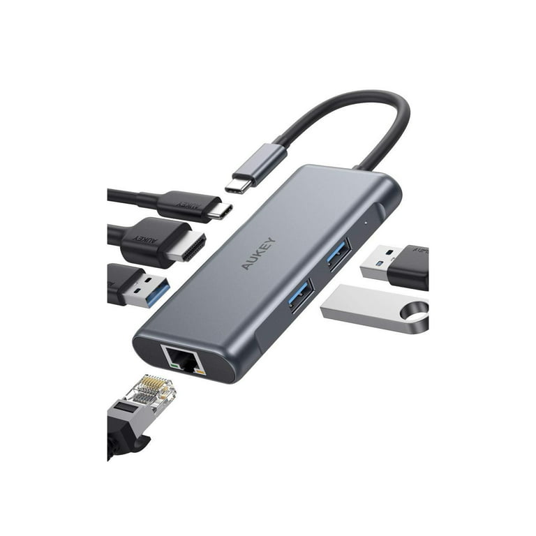 AUKEY USB C Hub Adapter, 6 in 1 Type C Hub Ethernet Port 1000Mbps, 4K USB C HDMI, 3 USB 3.0 Ports, 100W USB C PD Charging Thunderbolt 3 Docking Station - Walmart.com