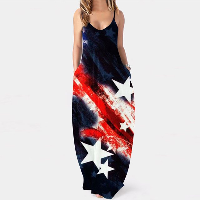 Fankiway Robe Sans Manches à Bretelles Col en V avec Poches Longues Imprimé Jour de l'Indépendance Robe de Plage Grande Taille