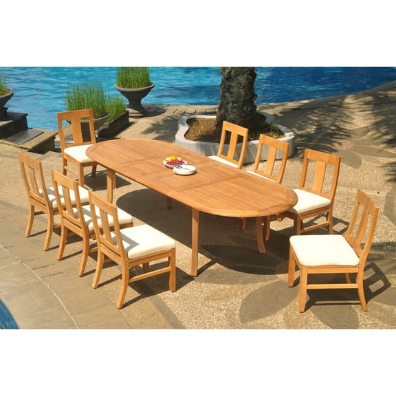 Grade-A Teak Dining Set: 8 Seater 9 Pc: 118" Double Extension Oval Table And 8 Osborne Armless Chairs Outdoor Patio WholesaleTeak #WMDSWVm