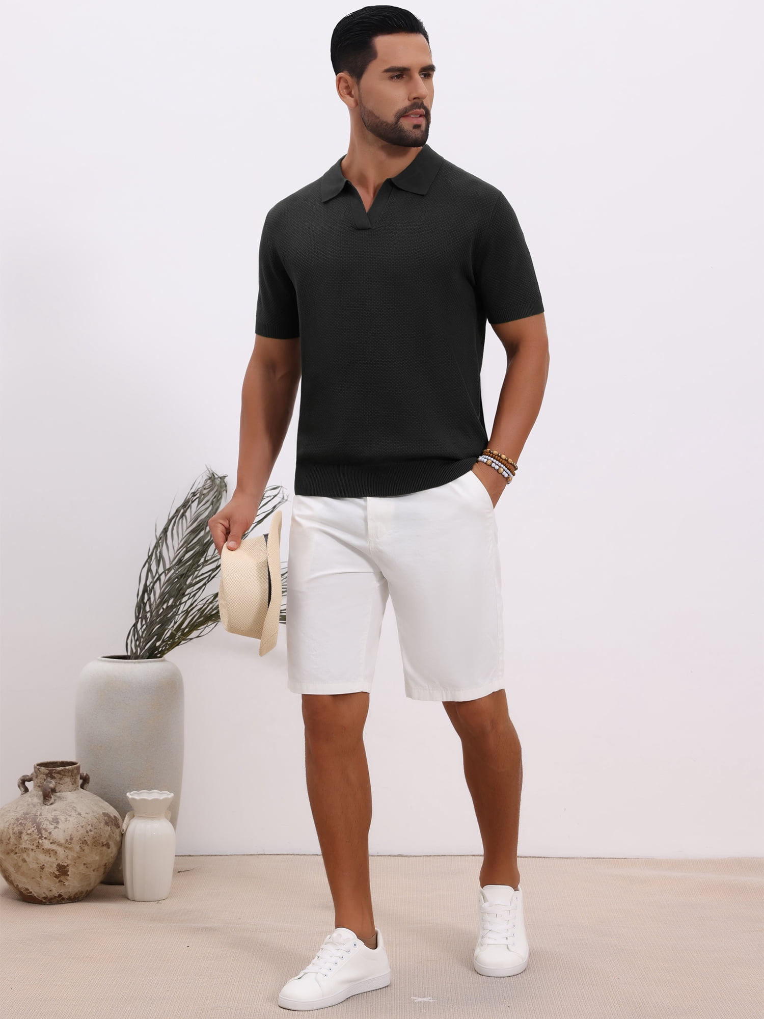 DARING DIVA Men's Textured Knit V Neck Short Sleeve Casual Golf Polo Shirt M Black