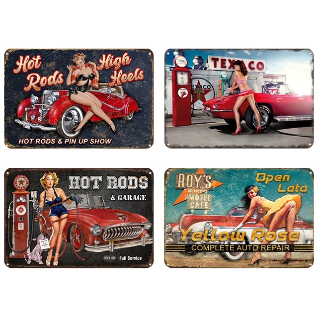 4 Uds. Coches Chicas Sexis Placa Metal Vintage Pintura Hierro Rectangular 40x30cm