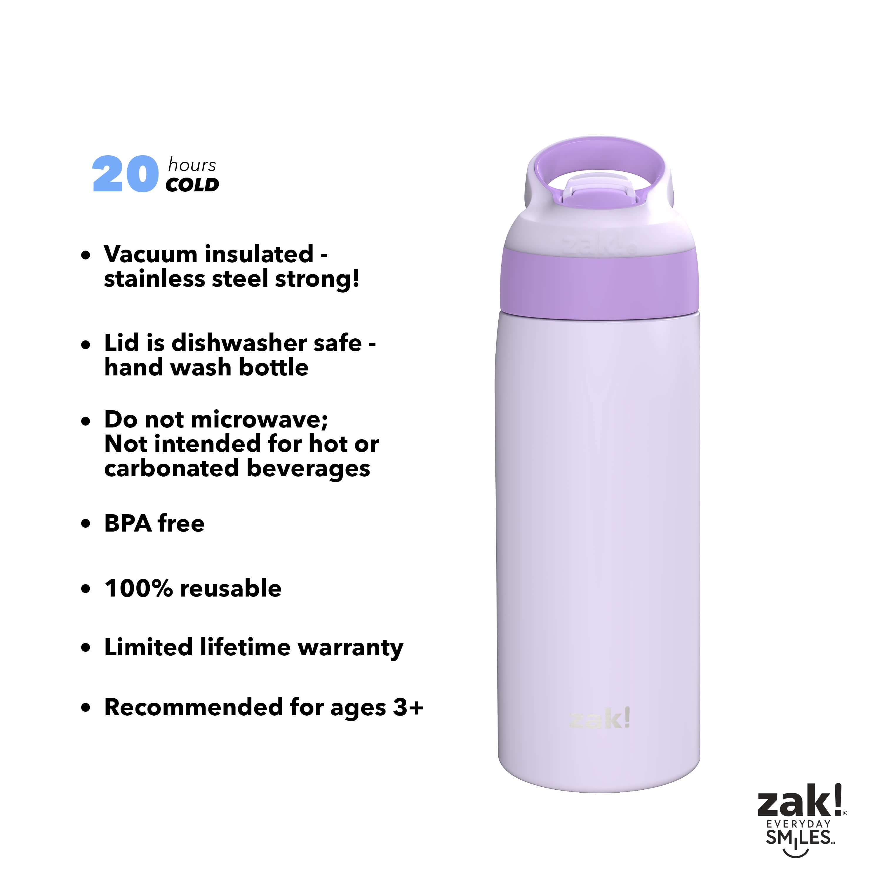 Zak Designs Riverside 19 ounce Insulated Water Bottle, Lavender