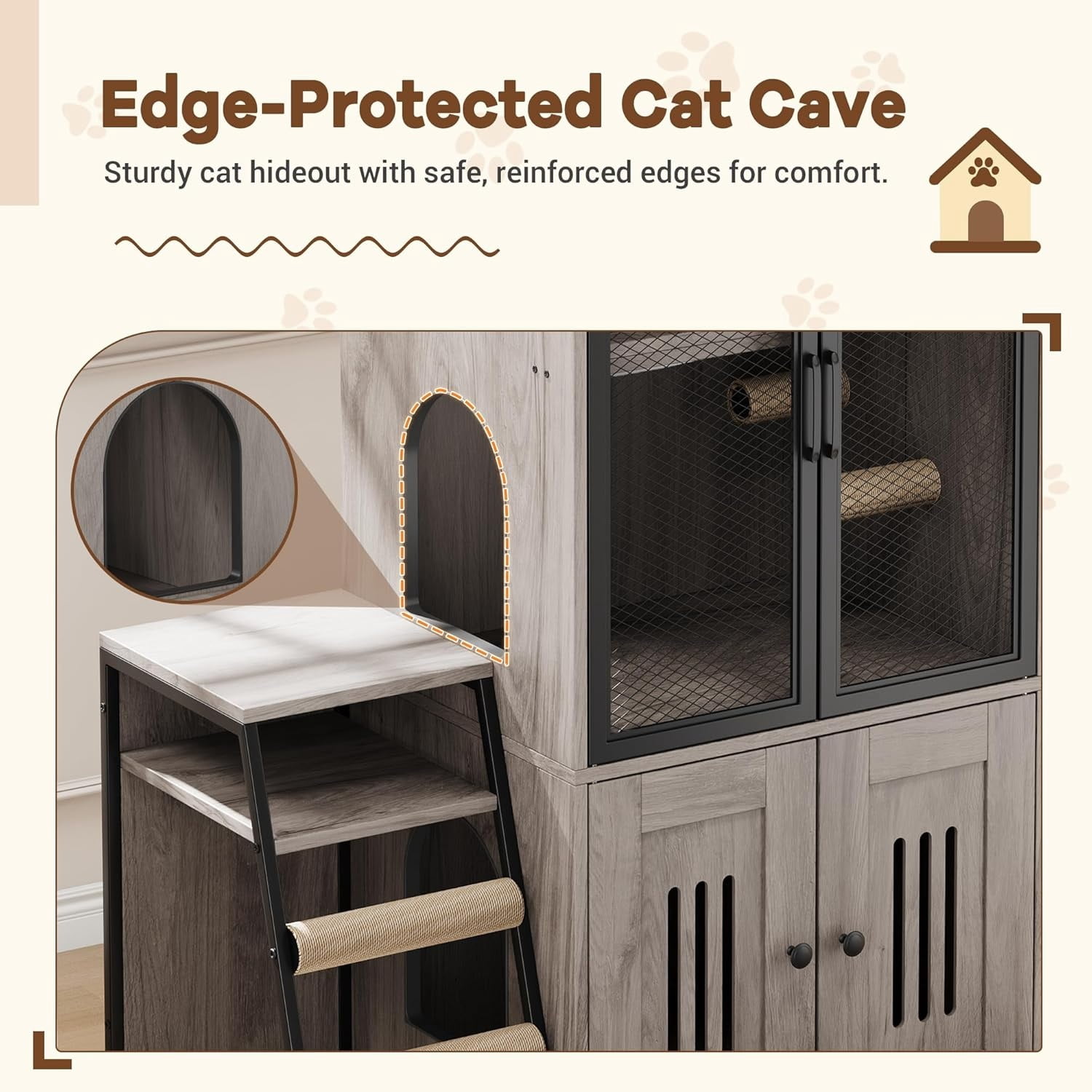 2-Tier Cat Litter Box Furniture - Enclosed Hidden Litter Box Cabinet with Doors, Storage Shelf & Step Ladder - Discrepet Cat Toilet Furniture for Home Decor, Large Size for Multiple Cats