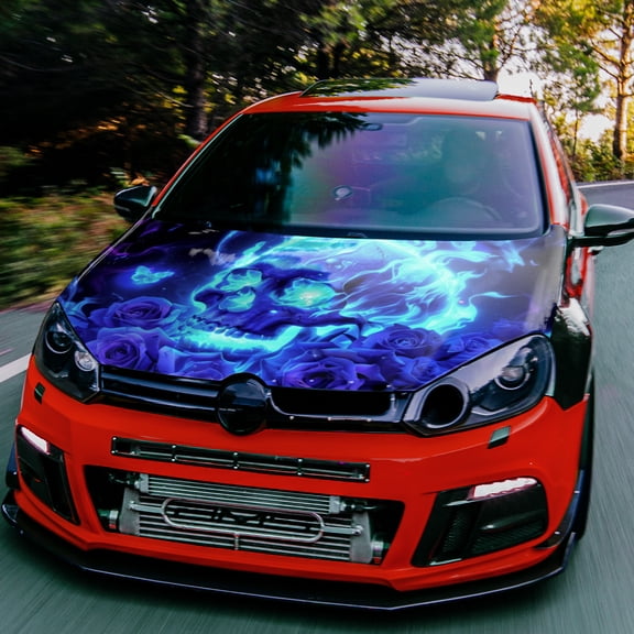 Vinyl Wrap Featuring a Blue Flame Skull And Rose Design - a Gothic Automotive Decoration Made with Self-Adhesive, Scratch-Resistant PVC. This Waterproof Engine Cover Protector Is Suitable for Cars