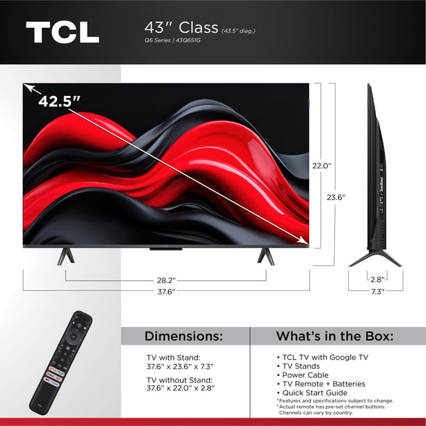 TCL 43” Class Q6 QLED 4K UHD HDR Smart Google TV (NEW 2024