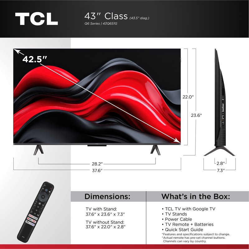 TCL 43” Class Q6 QLED 4K UHD HDR Smart Google TV (NEW 2024) - 43Q651G front and back view