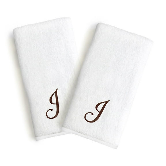 Authentic Hotel and Spa 2-piece White Turkish Cotton Hand Towels with Brown Script Monogrammed Initial White/Brown J