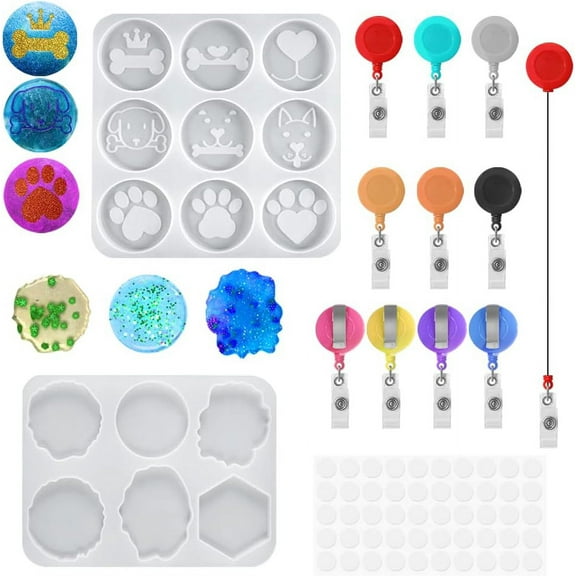 Badge Reel Resin Molds, lyfLux 2 Style Retractable Badge Reels Resin Molds, with 10 Multi Color Retractable Badge Clips, 15 Shapes Epoxy Casting Molds, for Make Badge Clips and Identity Cards