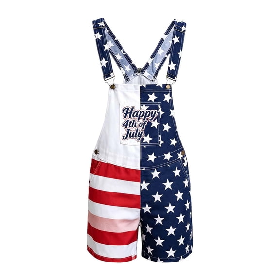 Coerni July 4th Denim Overalls for Boys & Girls American Flag Printed Bib Jumpsuits Independence Day Celebration Shorts Rompers 5-14 Years