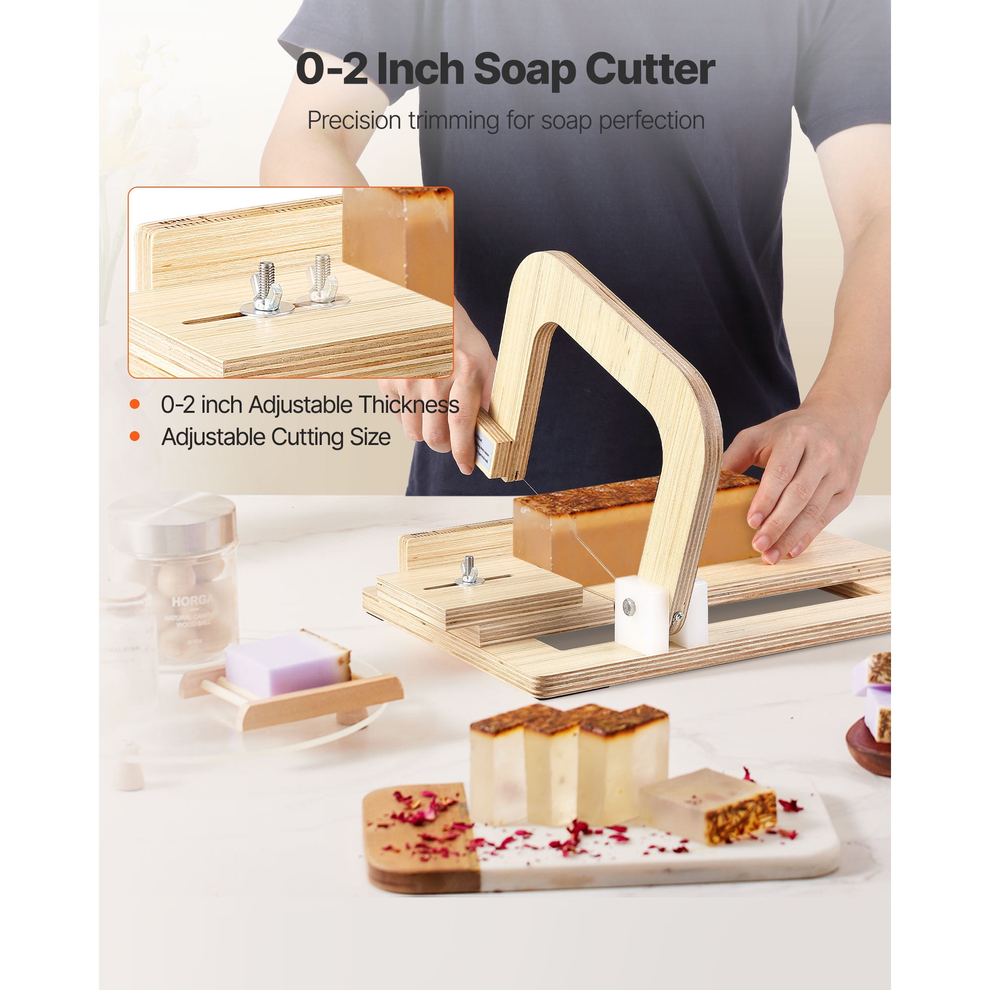 KFFKFF Adjustable Soap Cutter, 0-2 Inch Thickness, Wooden Soap Slicer with Stainless Steel Wire Tension, Includes Extra Wires, Multi-Purpose Tool for Handmade Soaps and DIY Projects