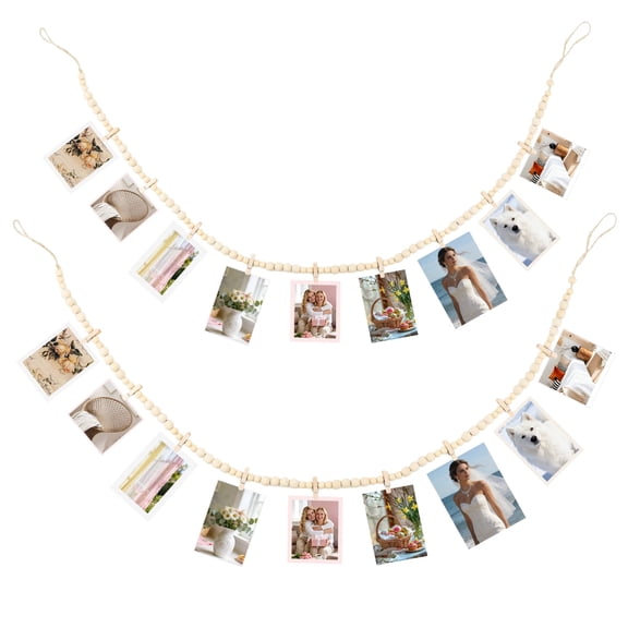2 Pack Hanging Photo Display Wall Decor with 9 Clips, Boho Wooden Bead Garland Picture Card Holder for Bedroom, Living Room, Office, Dorm