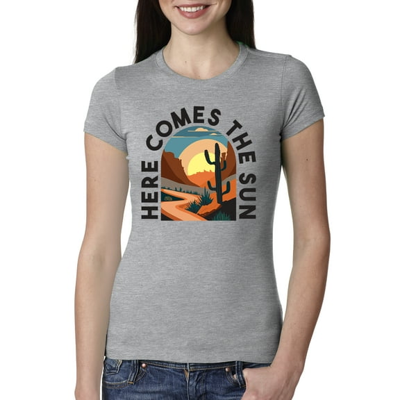 Wild Bobby Here Comes The Sun Desert Road Nature Lover Women Slim Fit Junior Tee, Heather Grey, Small
