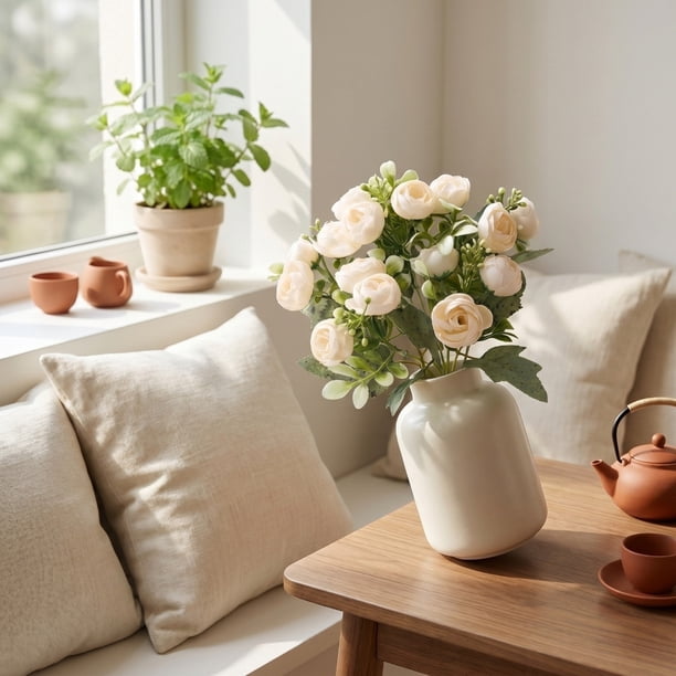 Ramo de rosas artificiales con detalles de tela satinada | Arreglo floral de seda realista para la decoración del hogar