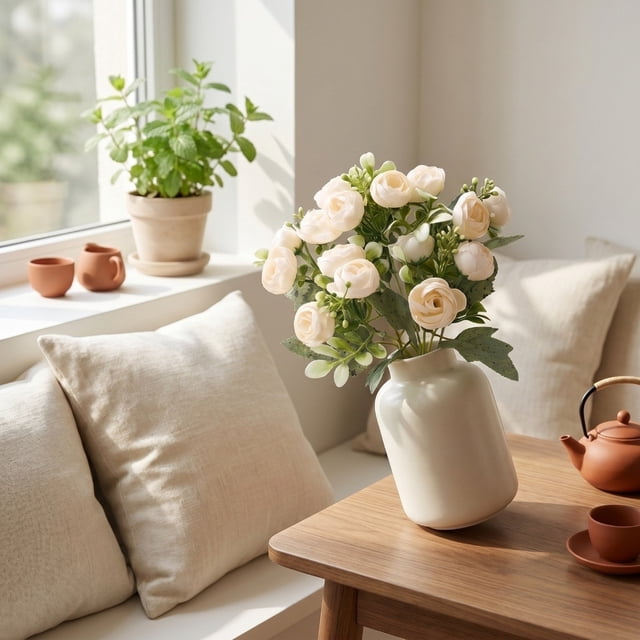 Ramo de Rosas Artificiales con Acentos de Tela de Satén, 40 x 16 cm, Disponible en Blanco, Rosa, Púrpura, Naranja, para Decoración del Hogar o Regalos