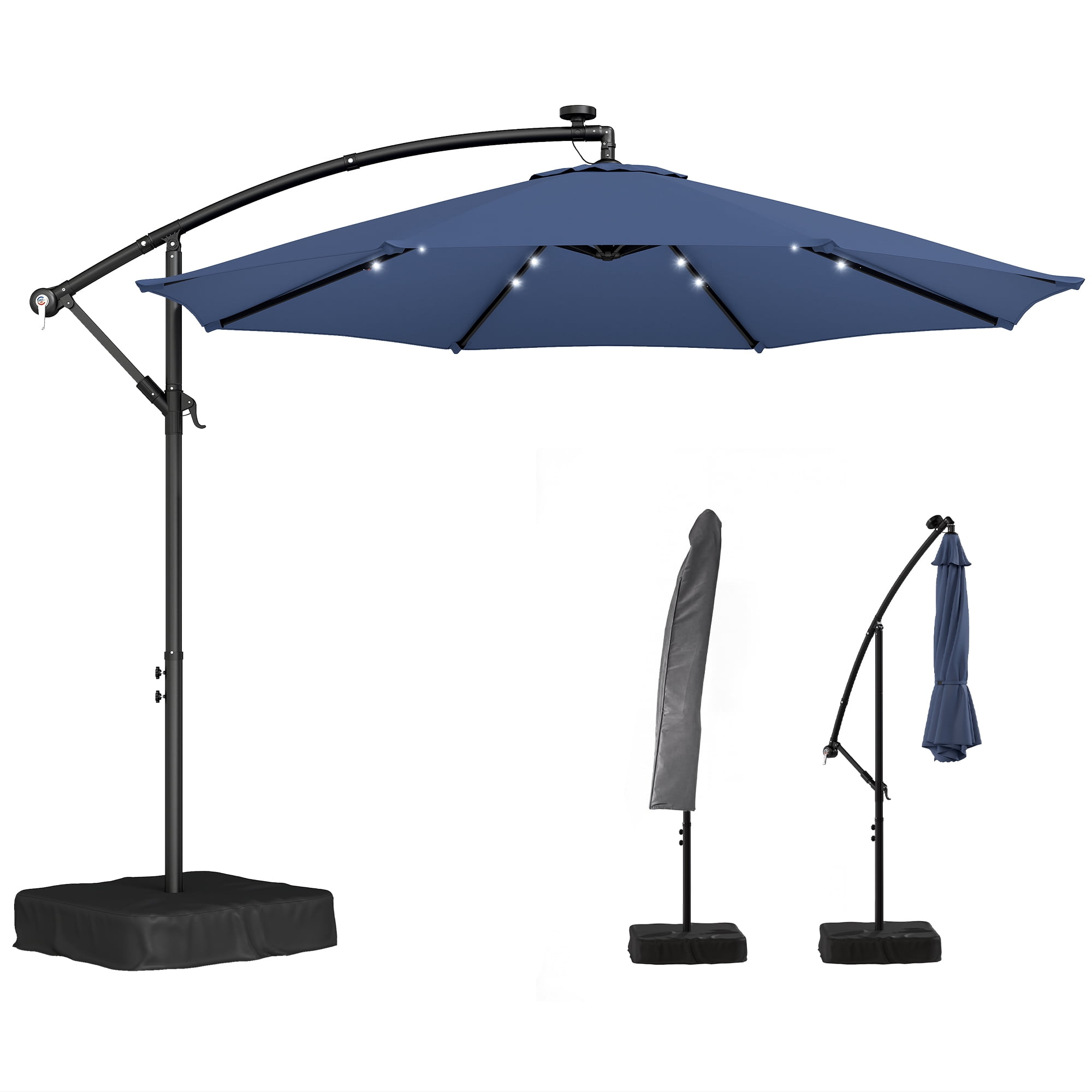 Outsunny 10 ft Cantilever Patio Umbrella with Solar LED Light, Sandbag Weight, Offset Hanging Outdoor Umbrella with Protective Cover, Dark Blue