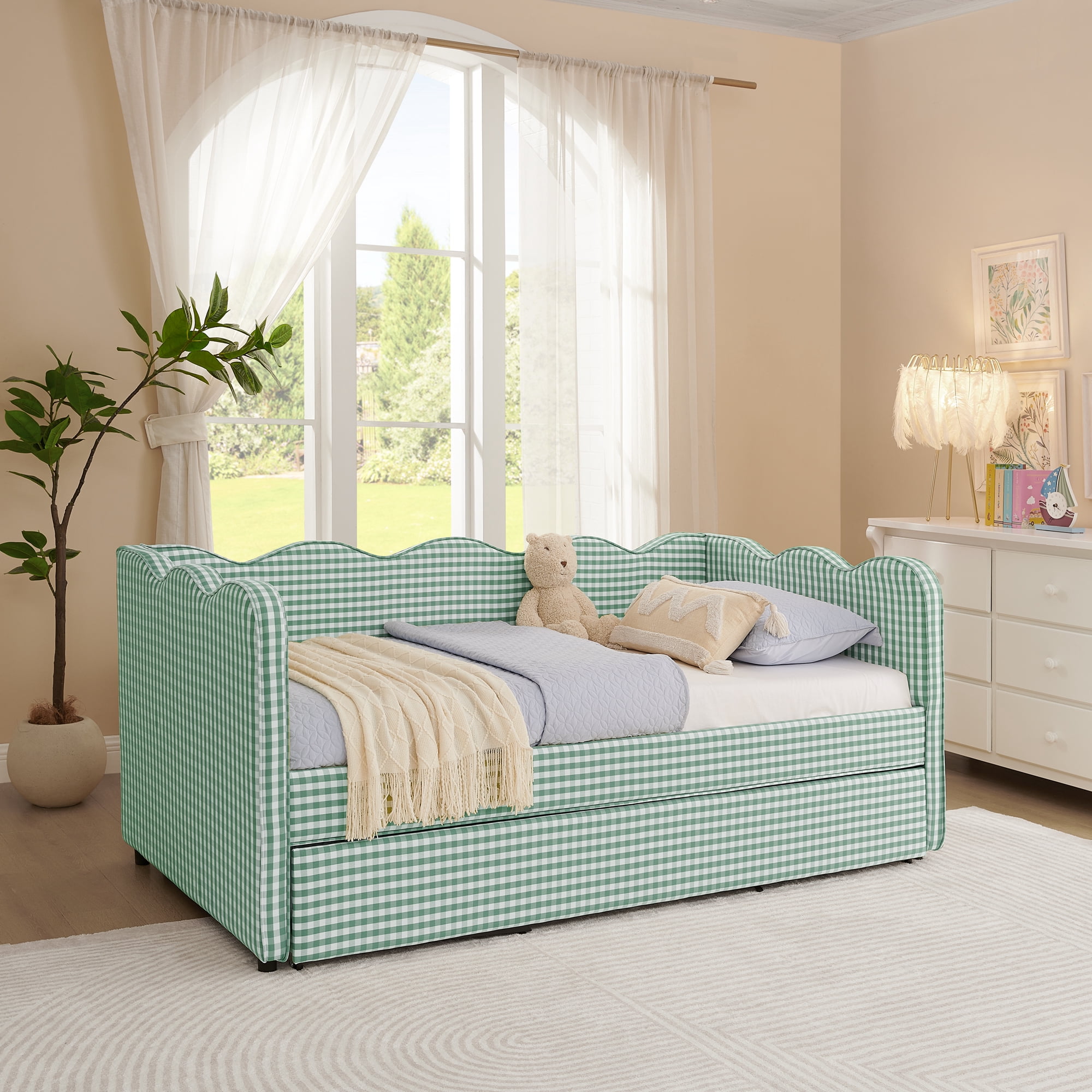 T-Serenity Gingham Daybed with Adjustable Trundle & USB Port, Wave-Shaped Twin Size Sofa Bed, No Box Spring Needed, Cyan