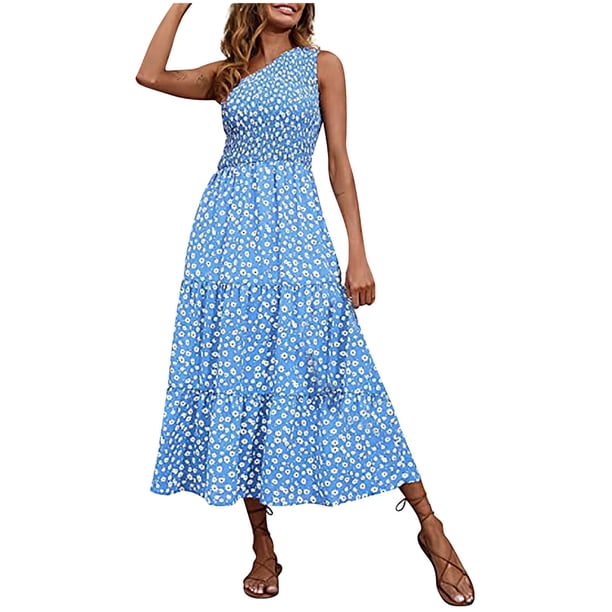 Maxivestido de playa con estampado de verano bohemio para mujer, sin mangas, con hombros descubiertos, fluido, escalonado Pompotops ghjkhdj1999