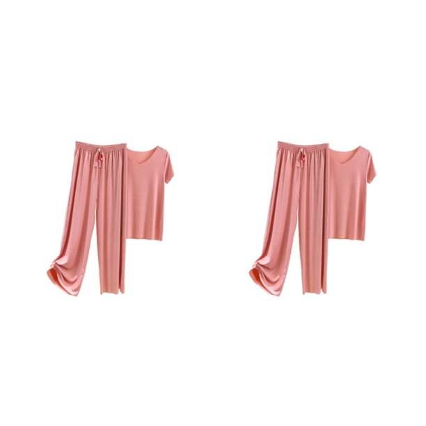 Minnieouse Women Ice Silk Satin Pajama Set V-neck Loose Waist Pieces Elastic Cotton T-Shirt Pants Loungewear Soft Spring Summer Two Rosa 4XL 2Conjunto