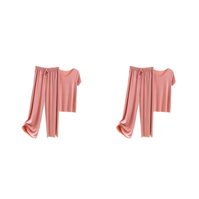 Minnieouse Women Ice Silk Satin Pajama Set V-neck Loose Waist Pieces Elastic Cotton T-Shirt Pants Loungewear Soft Spring Summer Two Rosa 4XL 2Conjunto