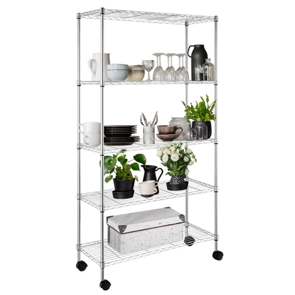 5-Tier Rolling Utility Cart with Wheels, Chrome Metal Storage Shelves Unit, 35.4" L x 13.8" W x 65" H, NSF Certified