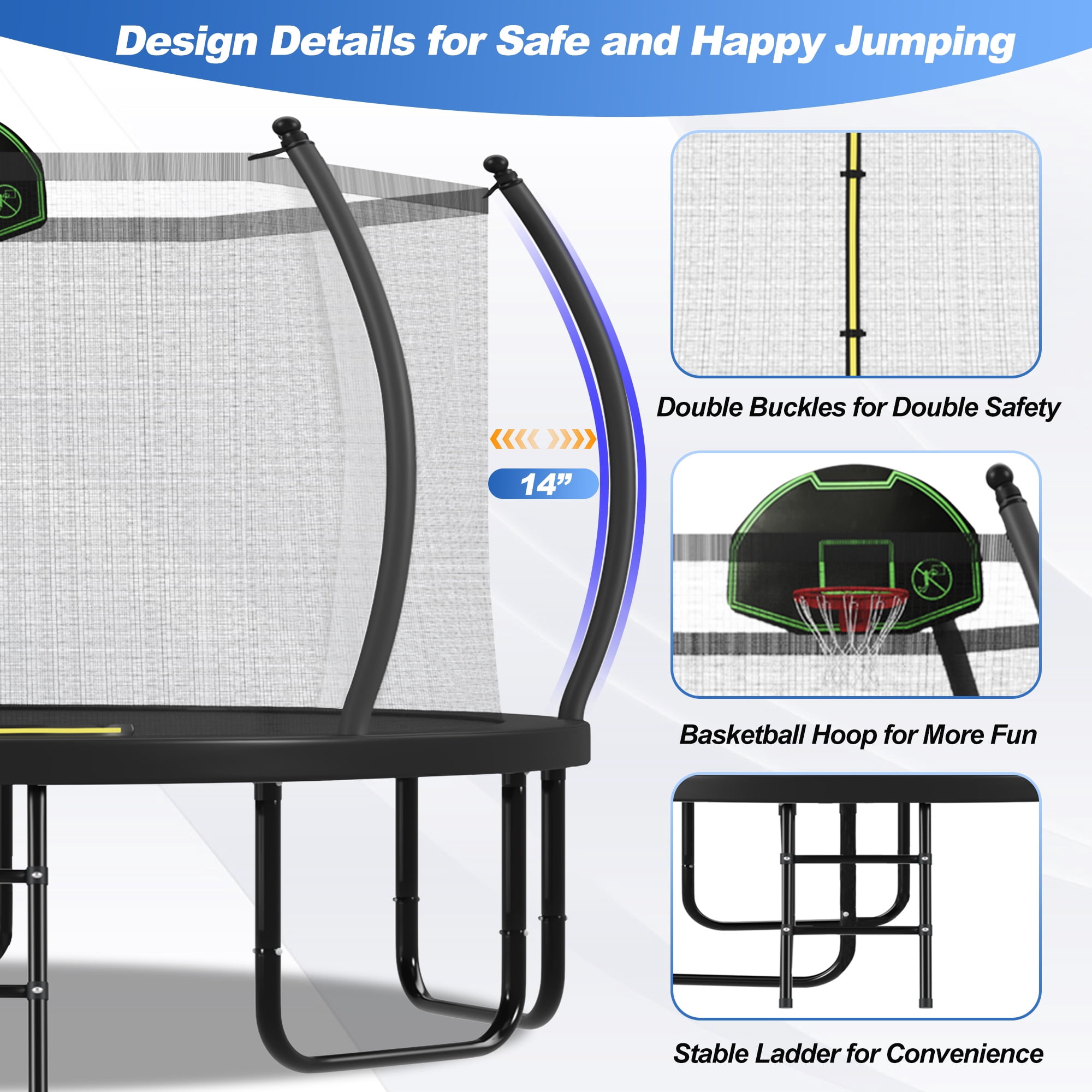 12FT 14FT 16FT Trampoline for Kids Adults with Basketball Hoop, Enclosure Net, 1500LBS Heavy Duty Outdoor Trampoline with Ladder, Recreational Round Trampoline, Pumpkin Outdoor Backyard Trampoline