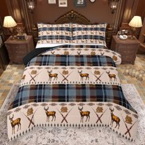 Manfei Woodland Animal Deer Full Size Comforter Sets,Country Farmhouse Lodge Bedding Comforter Set,Brown Blue Bedding Sets For Teens,Luxury Bedroom Decor Reversible,3-Piece