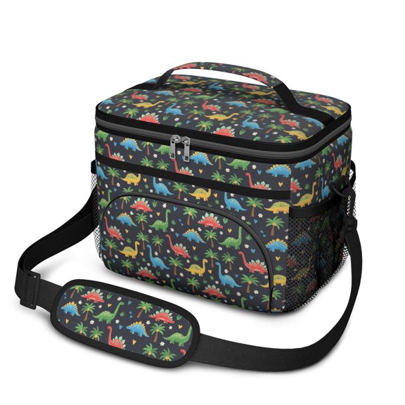 Dinosaur and Heart Navy Blue Pattern Insulated Lunch Box for Women Men, Medium Leakproof Cooler Bag with Adjustable Strap, 10"x6.7"x8"