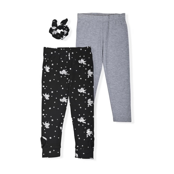 Young Hearts Girls Printed and Solid Leggings with Scrunchie, 2-Pack, Sizes 4-16