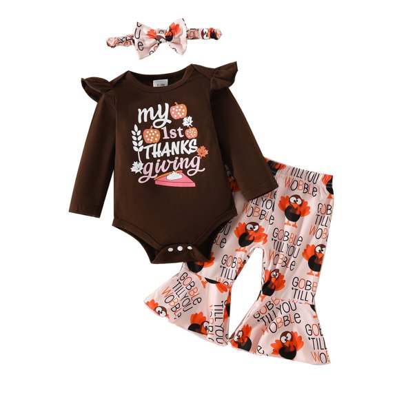 Baby Toddler Girls Fall Thanksgiving Outfits 0 3 6 9 12 Months Letter Print Long Sleeves Romper and Turkey Print Flared Pants Headband Clothing Set